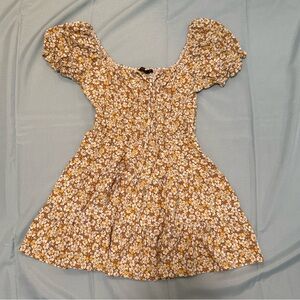 Golden Yellow Floral Puff Sleeve Smocked Mini Dress
